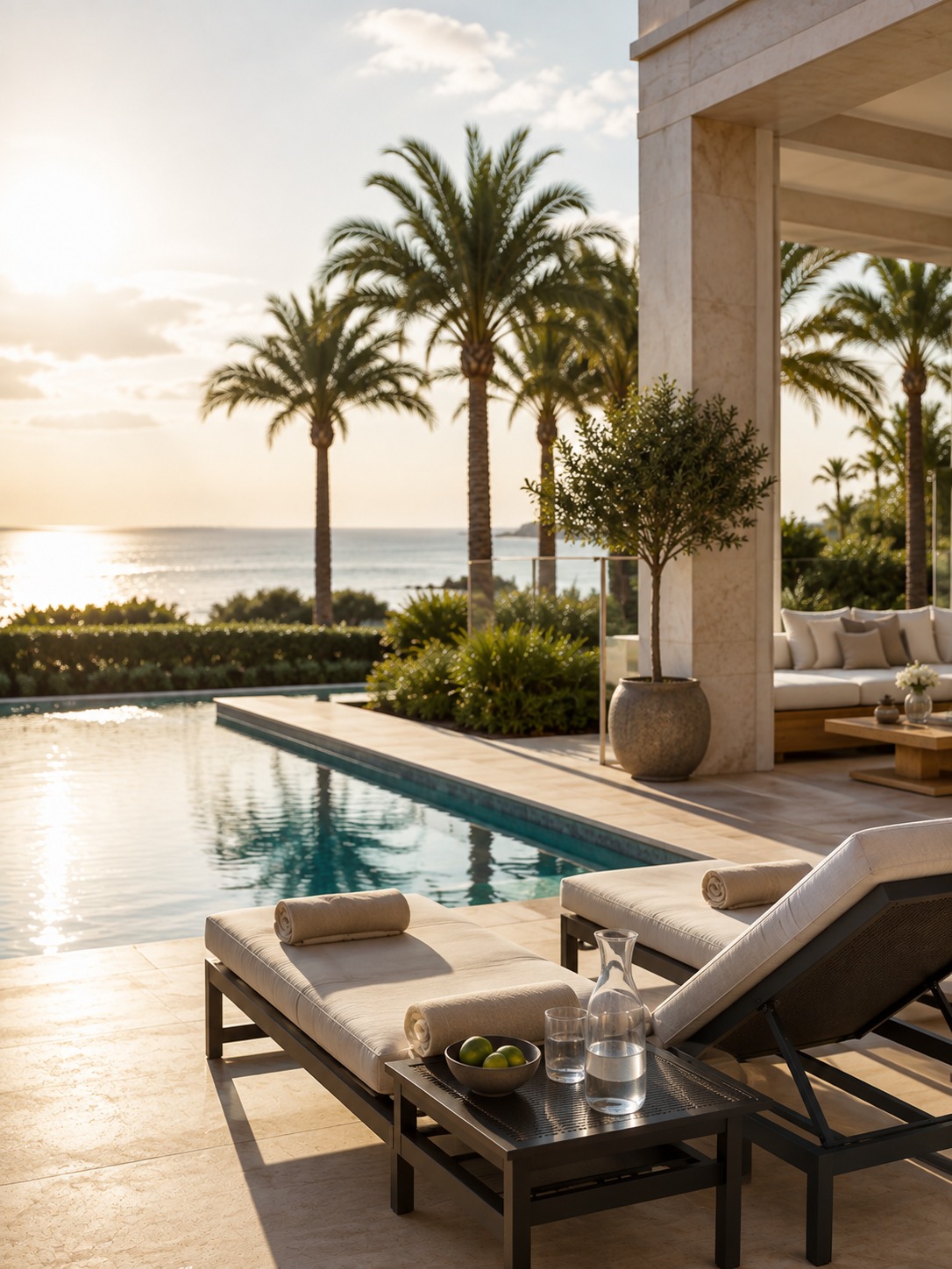Poolterrasse mit Liegen und Palmen bei Sonnenuntergang – Kategorie Outdoor & Pool