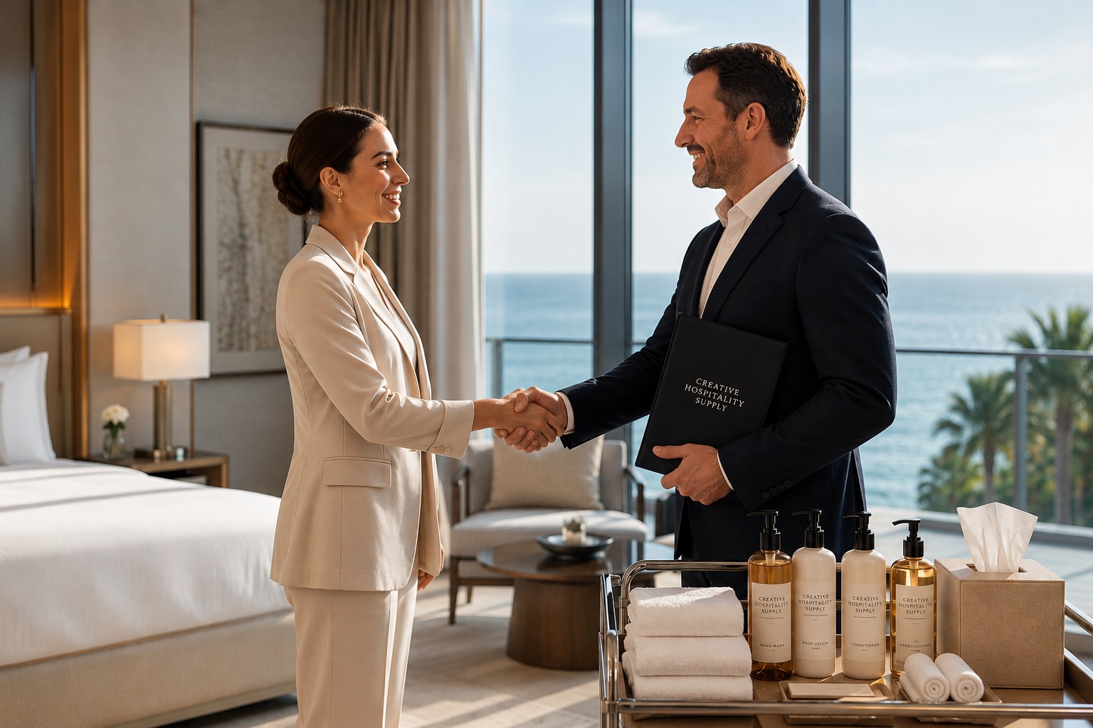 Übergabe eines Creative-Hospitality-Supply-Katalogs im Hotelzimmer, im Hintergrund ein Servierwagen mit Amenities